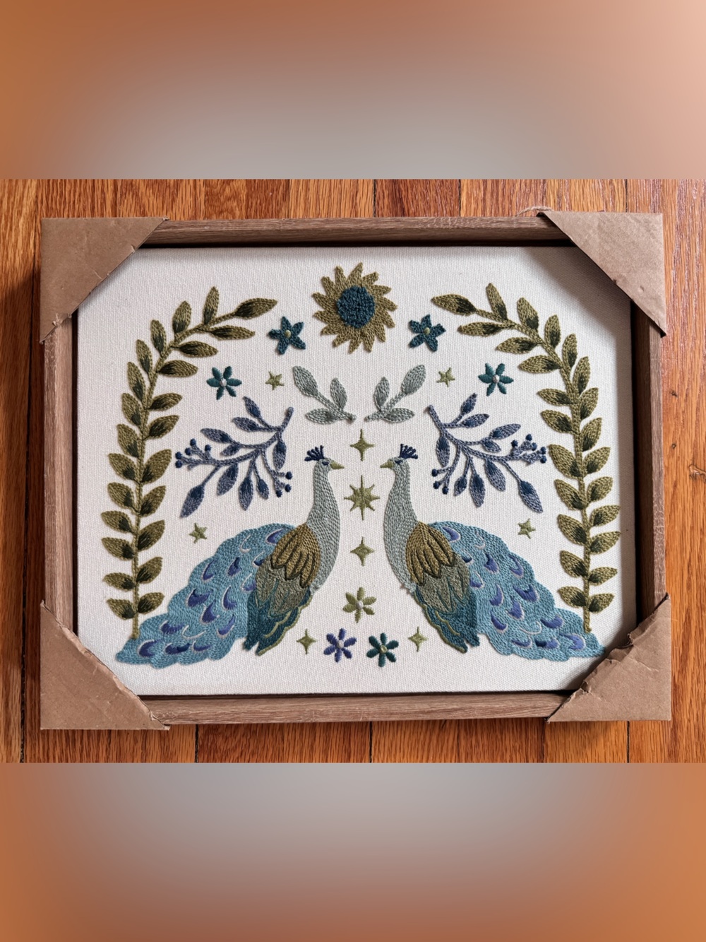 New BP Home Embroidered Woven Wall Art Peacocks and Leaf motifs 12”x15”